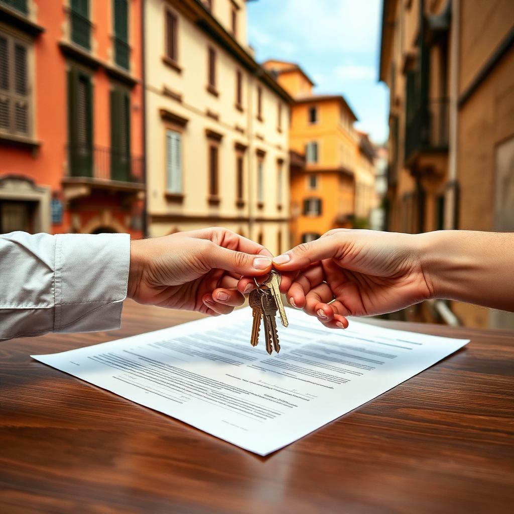 Consegna delle chiavi con contratto d'affitto in una via italiana