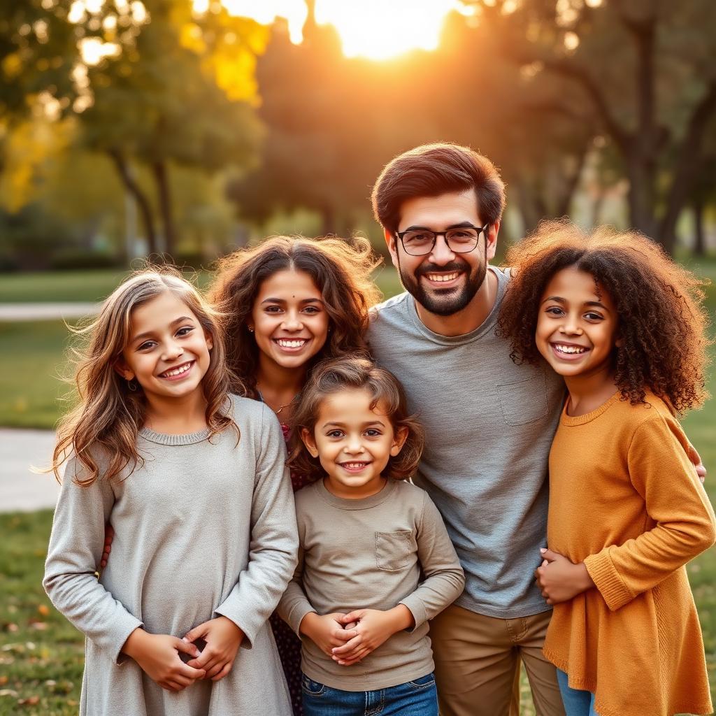 Famiglia felice multietnica al parco al tramonto