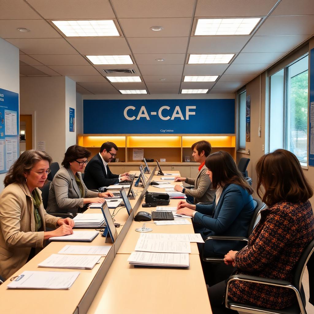 Ufficio CAF con operatori che assistono cittadini con documenti
