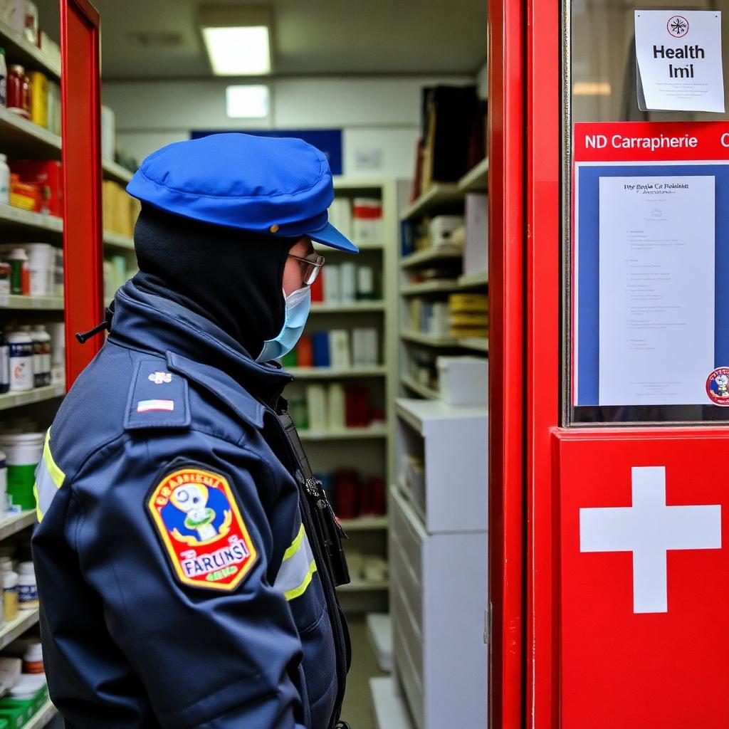 Carabiniere NAS che ispeziona una farmacia