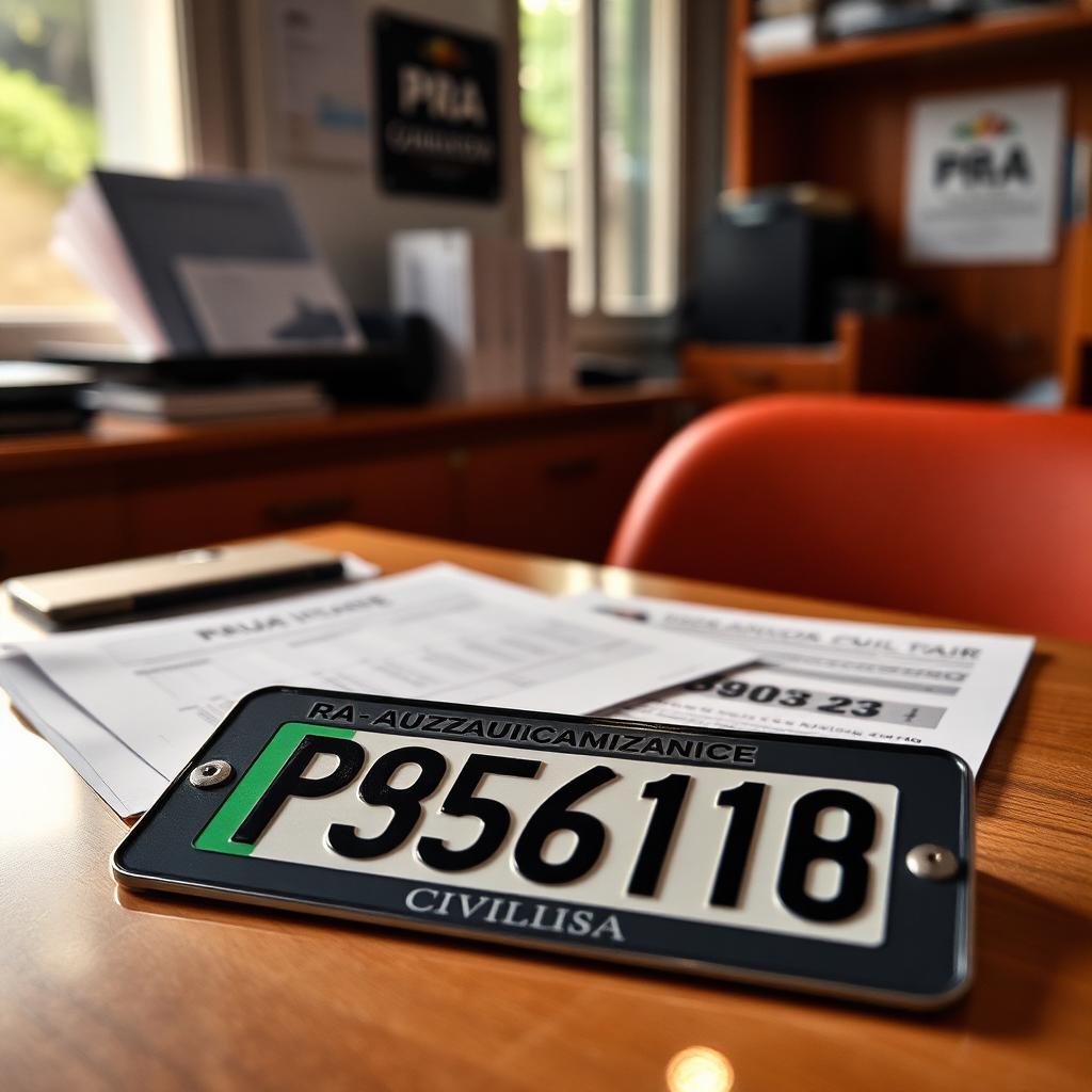 Targa italiana e documenti auto sulla scrivania di un ufficio PRA