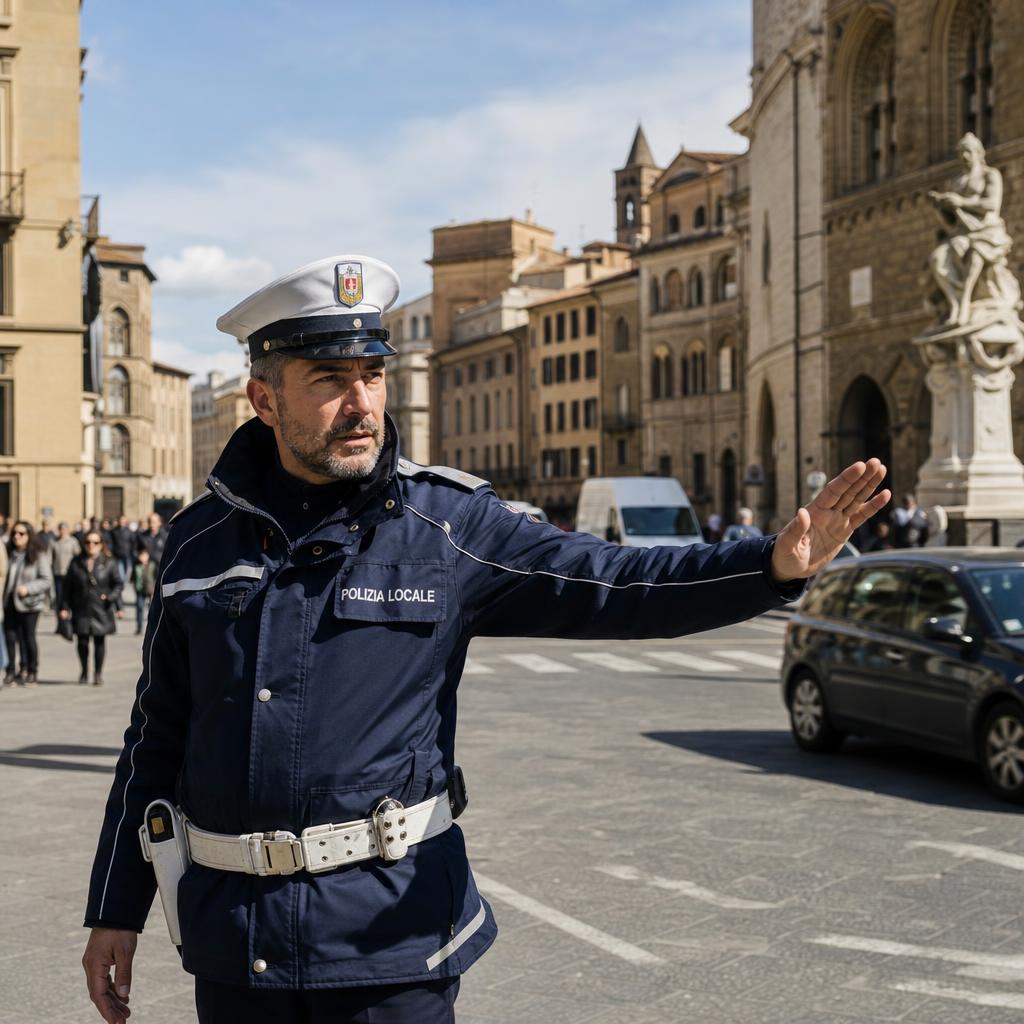 Agente della Polizia Locale che dirige il traffico in una piazza italiana
