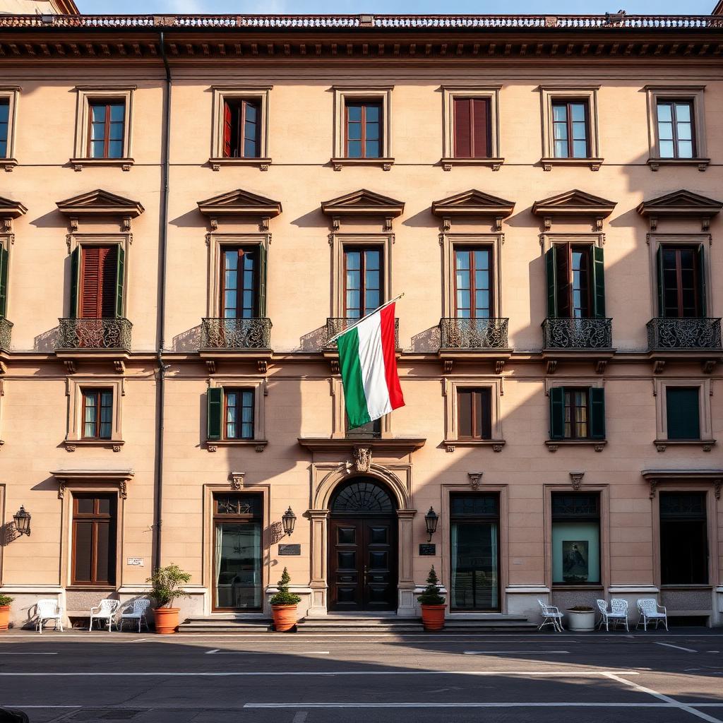 Palazzo storico della Prefettura italiana con bandiera tricolore