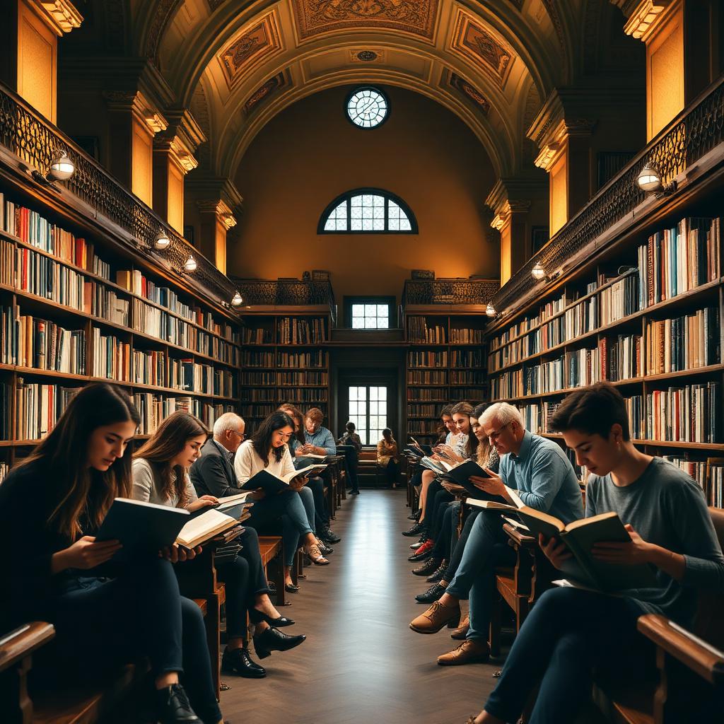 Studenti in una biblioteca universitaria italiana storica