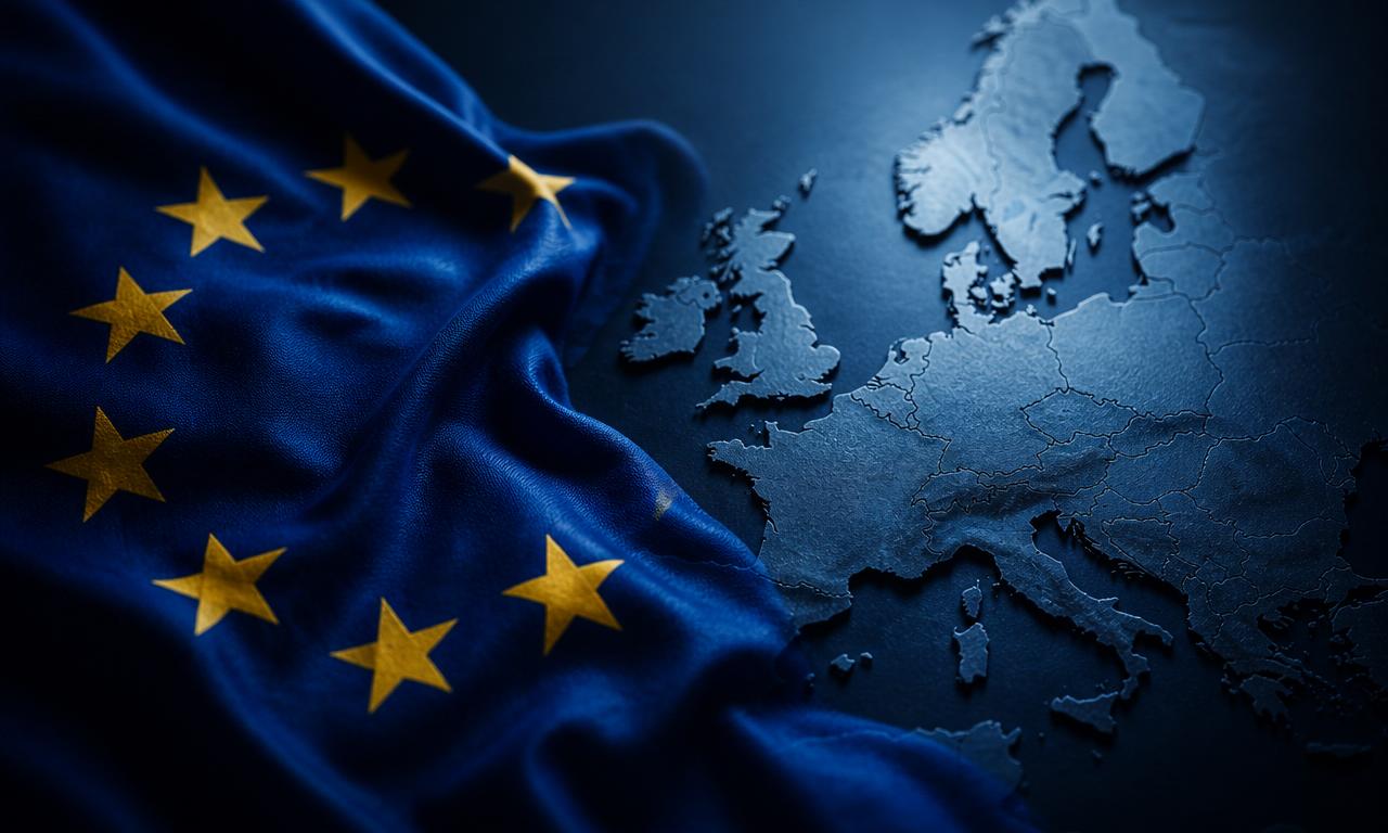 Bandiera Unione Europea e mappa d'Europa